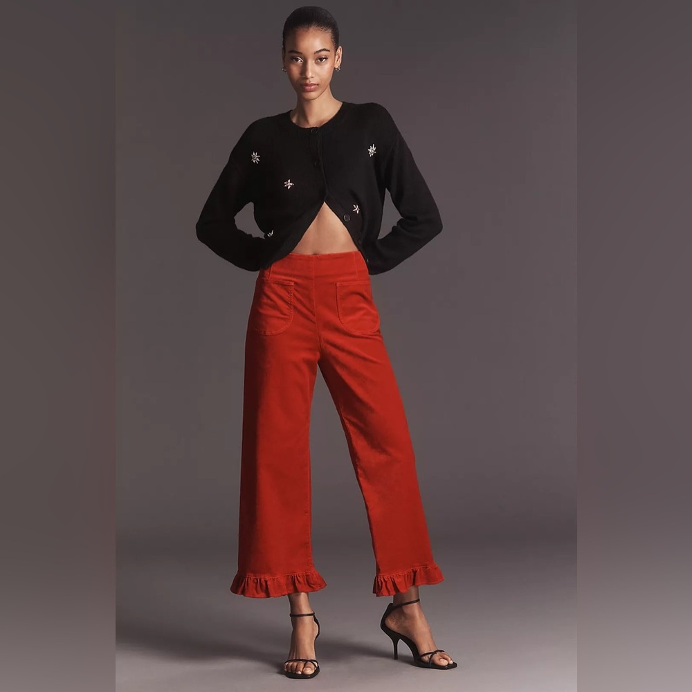 NWT! Anthropologie The Colette Crop Velvet Ruffle-Hem Pants by Maeve - Multiple🎆